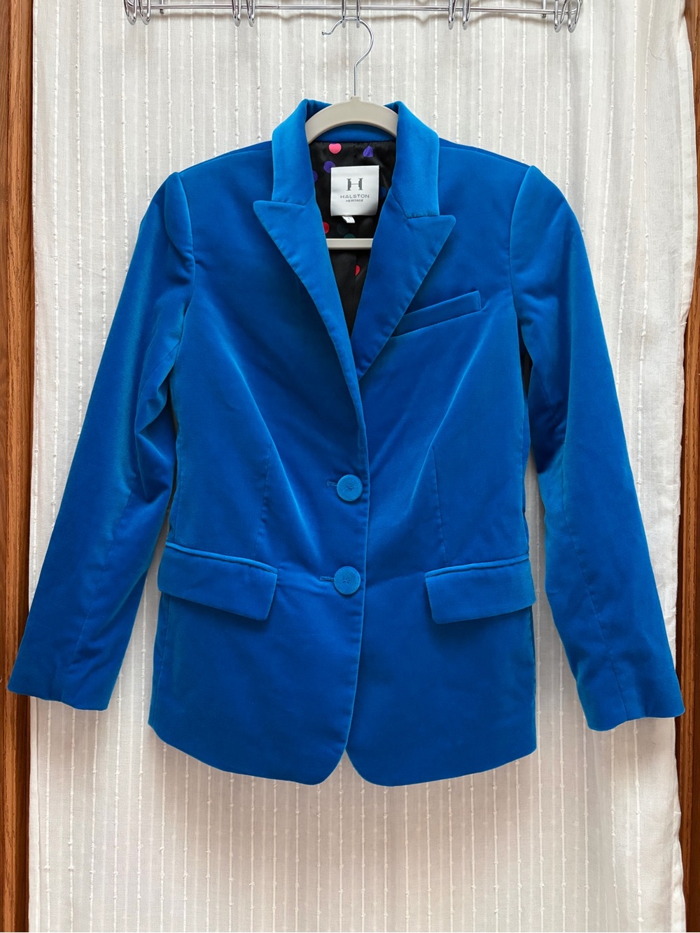 Halston Heritage Blue Velvet Blazer Jacket Size 2 Polka Dot Silk Lining⁠
